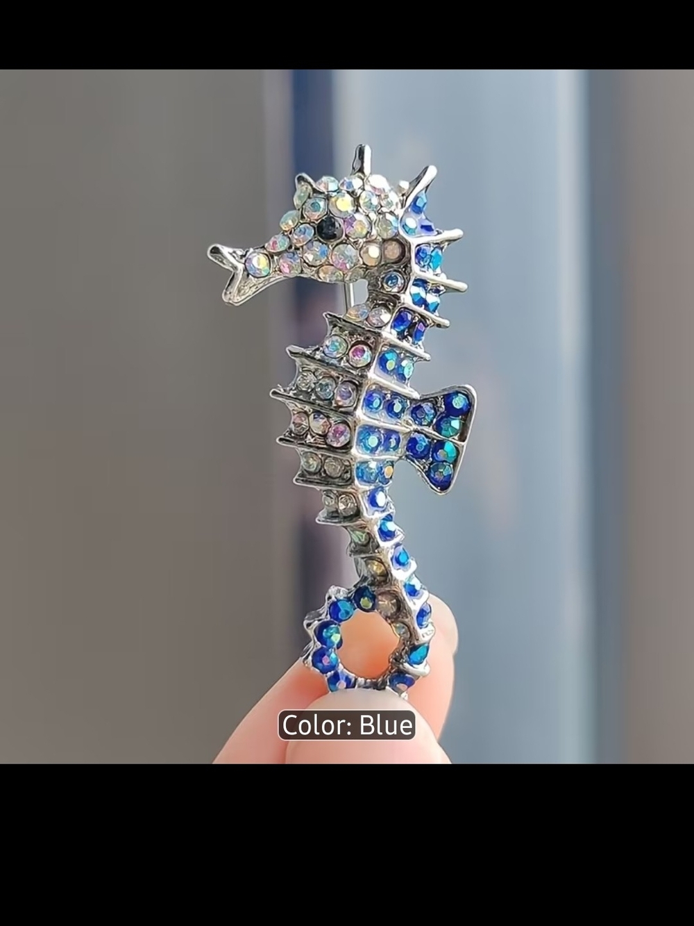 Blue Rhinestone Seahorse Brooch